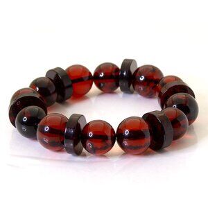 100% NATURAL Dark Cherry Amber Bracelet, 13-14 mm Round Beads with Disks